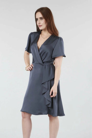 Dark Grey Wrap Frill Front Satin Dress Double Second